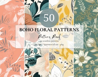 50 Boho Floral Patterns - PNG - Digital download, Commercial use, Seamless Patterns
