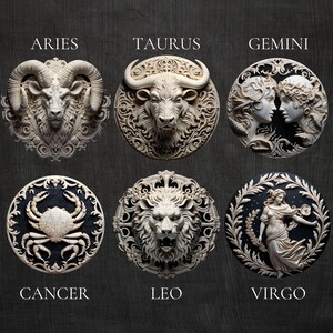 Puede incluir: Un conjunto de seis placas de pared decorativas que representan los signos del zod&iacute;aco: Aries, Tauro, G&eacute;minis, C&aacute;ncer, Leo y Virgo. Cada placa es circular y presenta un dise&ntilde;o detallado y ornamentado con una imagen central del signo del zod&iacute;aco.