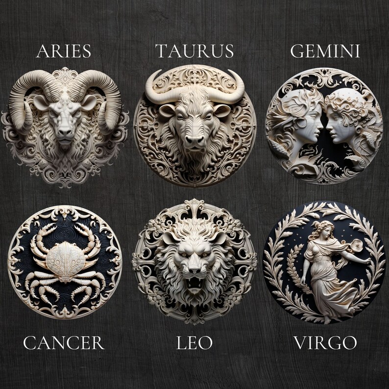 Puede incluir: Un conjunto de seis placas de pared decorativas que representan los signos del zod&iacute;aco: Aries, Tauro, G&eacute;minis, C&aacute;ncer, Leo y Virgo. Cada placa es circular y presenta un dise&ntilde;o detallado y ornamentado con una imagen central del signo del zod&iacute;aco.