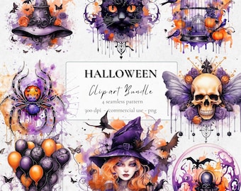 Spooky Halloween Clipart Bundle: Watercolor Graphics, Seamless Patterns (Digital Download)