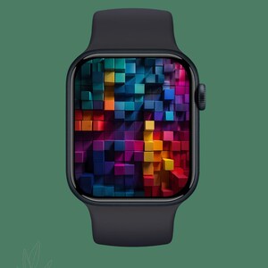 May include: A black Apple Watch with a colorful abstract block pattern wallpaper. The watch face is digital and shows the time.