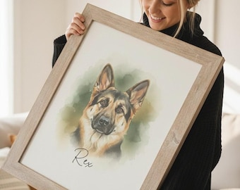 May include: A framed watercolor portrait of a German Shepherd dog, with the name "Rex" written below the image. The artwork features a light brown wooden frame and a soft green and white background.