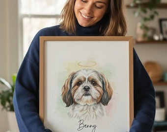 May include: A framed watercolor portrait of a Shih Tzu dog named Benny. The dog has brown and white fur, with a halo above its head. The artwork is in a wooden frame.
