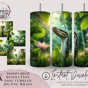 Könnte beinhalten: Ein 20oz-Becher-Wrap mit einer detaillierten Illustration einer Schlange in einer üppigen, grünen Dschungelkulisse mit rosa Blumen. Das Design umfasst mehrere Ansichten der Schlange und der Dschungelszene, mit dem Wort "Instant Download".