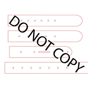 May include: Four red leather belts with different patterns of holes and a single rectangular cut-out on one belt.