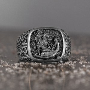 Archangel Saint Michael with Floral Ornament Ring, St Michael Oval Signet Ring Men,  Christian Ring For Family