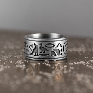 Egyptian wedding ring for her, Ancient egypt mythology ring for men, Hieroglyphics band silver ring, Mythology lover band ring
