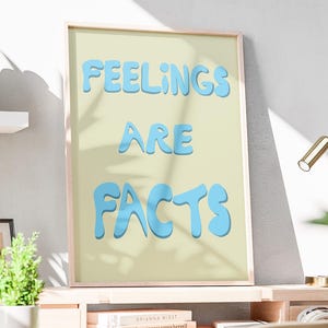 Feelings Are Facts Wall Art – Retro Mental Health Quote Print, Blue Bubble Typography, Therapy Office Decor, Digital Download Poster