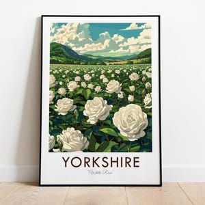 Flor del condado de Yorkshire, rosa blanca, Inglaterra, impresión de viaje de estilo vintage, arte de pared, decoración del hogar, tapiz, amante del arte, decoración de regalos