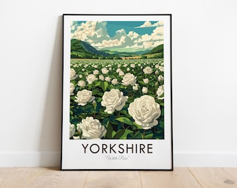County Flower of Yorkshire, White Rose, England, Vintage Style Travel Print, Wall Art, Home Decor, Wall Hanging, Art Lover, Gift Decor