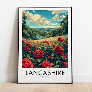Flor del condado de Lancashire, rosa roja, Inglaterra, impresión de viaje de estilo vintage, arte de pared, decoración del hogar, tapiz, amante del arte, decoración de regalos