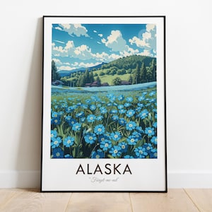 Flor estatal de Alaska, nomeolvides, EE. UU., impresión de viaje de estilo vintage, arte de pared, decoración del hogar, tapiz para pared, amante del arte, decoración de regalos
