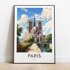 May include: A vintage travel poster featuring a detailed illustration of Notre Dame Cathedral in Paris, France. The cathedral is depicted in a light brown colour with a grey roof and a tall spire. The poster has a blue sky with white clouds and green trees in the foreground. The text "PARIS" is printed in bold, black letters at the bottom of the poster, with "France" printed in smaller letters below.