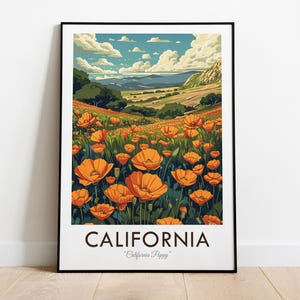 Flor del estado de California, amapola de California, EE. UU., impresión de viaje de estilo vintage, arte de pared, decoración del hogar, tapiz para amantes del arte, decoración de regalos