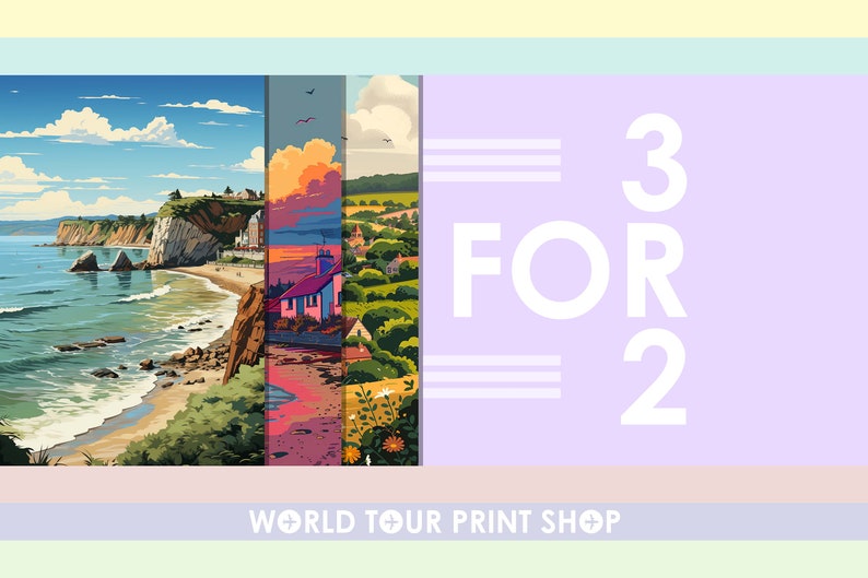 a picture of a beach with the words world tour print shop