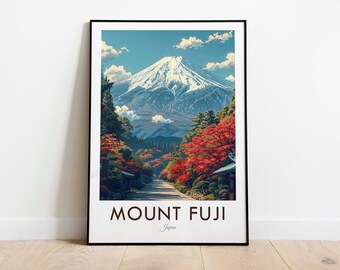 May include: A vintage travel poster featuring a scenic view of Mount Fuji, Japan. The mountain is snow-capped and surrounded by lush green trees with red and orange autumn foliage. The poster has a black frame and the text "MOUNT FUJI Japan" at the bottom.