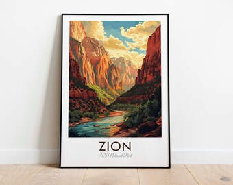 May include: A framed poster with a scenic view of Zion National Park. The poster features a vibrant landscape with red rock cliffs, lush green trees, and a winding river flowing through the canyon. The text "ZION" and "U.S. National Park" are printed at the bottom of the poster.