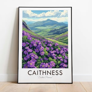 Puede incluir: Una impresión artística enmarcada que presenta un paisaje de colinas y montañas verdes bajo un cielo azul con nubes. El primer plano está lleno de flores moradas. El texto "CAITHNESS" y "Scottish Primrose" están en la parte inferior.
