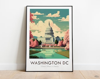 May include: A vintage-style poster featuring a colorful illustration of the United States Capitol Building in Washington, D.C. The building is surrounded by cherry blossom trees and a reflecting pool. The text "WASHINGTON DC" and "United States of America" is at the bottom of the poster.