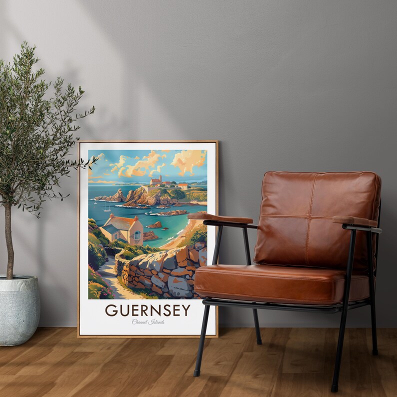 May include: A vintage-style poster with a colorful illustration of a coastal scene in Guernsey, Channel Islands. The poster features a small house, a rocky coastline, and a body of water. The text "GUERNSEY Channel Islands" is printed at the bottom of the poster.