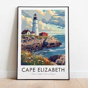 Cape Elizabeth, Maine, EE. UU., Impresión de viaje de estilo vintage, Arte de pared, Decoración del hogar, Tapiz de pared, Amante del arte, Decoración de regalos