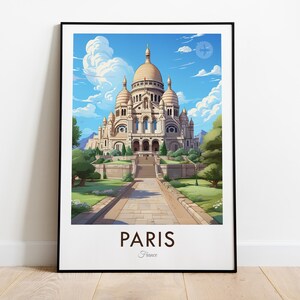 May include: A framed illustration of the Sacré-Cœur Basilica in Paris, France. The illustration is in a cartoon style and features a light blue sky with white clouds, a light brown building with a white dome, and green trees and bushes.