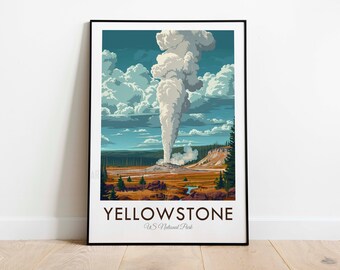 Pode incluir: Um pôster de estilo vintage com uma ilustração colorida do gêiser Old Faithful em erupção no Parque Nacional de Yellowstone. O pôster tem o texto "Yellowstone" e "U.S. National Park" em preto.