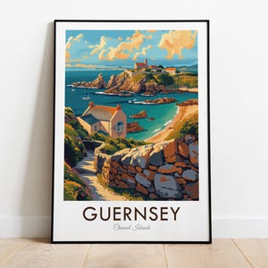 Guernsey, Islas del Canal, Impresión de viaje de estilo vintage, Arte de pared, Decoración del hogar, Tapiz de pared, Amante del arte, Decoración de regalos