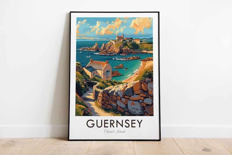 May include: A vintage travel poster featuring a colorful illustration of a coastal scene in Guernsey, Channel Islands. The poster features a small house, a rocky coastline, a bay with blue water, and a small town in the distance.
