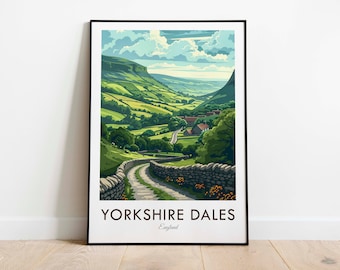 May include: A vintage travel poster featuring a scenic view of the Yorkshire Dales in England. The poster depicts a winding road leading up a green valley with rolling hills and a blue sky with white clouds. The text "Yorkshire Dales" and "England" is printed at the bottom of the poster.