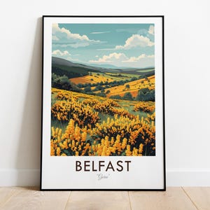 Könnte beinhalten: Eine farbenfrohe Illustration einer Landschaft mit sanften Hügeln und gelben Wildblumen. Der Text "BELFAST" ist am unteren Rand des Bildes gedruckt.