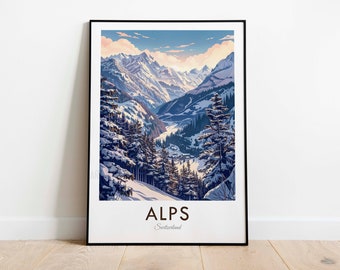 May include: A framed poster with a colorful illustration of a snowy mountain range with the text "ALPS Switzerland" at the bottom.