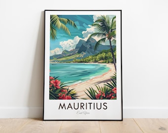 Może przedstawiać: Kolorowy plakat podróżniczy przedstawiający malowniczy widok plaży na Mauritiusie, w Afryce Wschodniej. Plakat przedstawia pasmo górskie w tle, palmy i turkusowy ocean.