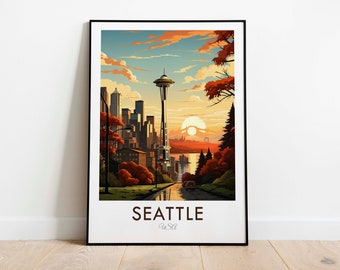 Seattle, impresión de viaje de estilo vintage, arte de pared, decoración del hogar, tapiz, amante del arte, decoración de regalos