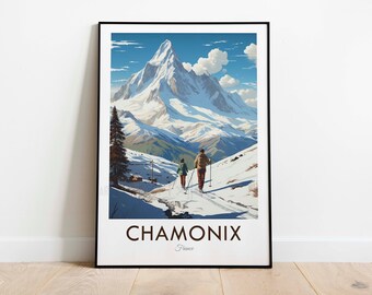 May include: A vintage travel poster featuring a snowy mountain range with a couple skiing in the foreground. The poster is titled "Chamonix, France".