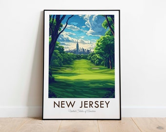 New Jersey, Golf Course, New York Skyline, USA, Vintage Style Travel Print, Wall Art, Home Decor, Wall Hanging, Art Lover, Gift Decor