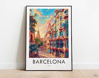 Può includere: Un'illustrazione colorata di una scena di strada a Barcellona, Spagna. L'immagine presenta una strada stretta fiancheggiata da edifici, tra cui un edificio con una facciata unica e colorata. Il cielo è blu con nuvole bianche. Il testo "BARCELONA" e "Spagna" è in basso nell'immagine.