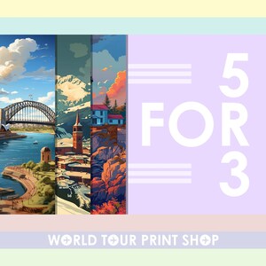 a picture of a city with a bridge and the words world tour print shop