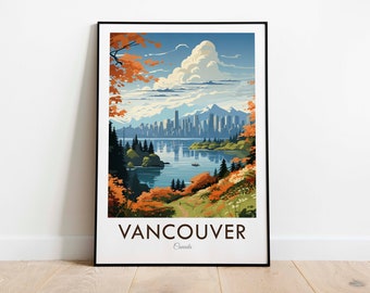 Puede incluir: Un póster de viaje de estilo vintage que presenta una vista panorámica de Vancouver, Canadá. El póster representa una ciudad con rascacielos, una masa de agua y exuberantes árboles verdes. El texto "VANCOUVER" se muestra de forma prominente en la parte inferior del póster, junto con la palabra "Canadá" en una fuente más pequeña.