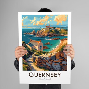 May include: A colorful illustration of a coastal scene in Guernsey, Channel Islands. The image features a small house, a rocky coastline, and a blue body of water. The text "GUERNSEY Channel Islands" is at the bottom of the image.