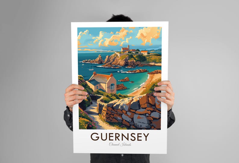 May include: A colorful illustration of a coastal scene in Guernsey, Channel Islands. The image features a small house, a rocky coastline, and a blue body of water. The text "GUERNSEY Channel Islands" is at the bottom of the image.