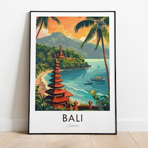 Bali, Indonesië, reisposter in vintage stijl, kunst aan de muur, woondecoratie, wanddecoratie, kunstliefhebber, cadeaudecor