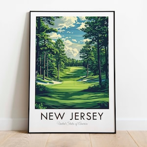 Pole golfowe w New Jersey, panoramę Nowego Jorku, USA, wydruk podróżny w stylu vintage, sztuka ścienna, wystrój domu, zawieszka ścienna, miłośnik sztuki, dekoracja prezentu