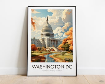May include: A vintage travel poster featuring a colorful illustration of the United States Capitol Building in Washington, D.C. The building is surrounded by trees and a small stream. The text "WASHINGTON DC" and "United States of America" is at the bottom of the poster.