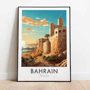 May include: A vintage travel poster featuring a colorful illustration of a fort on a cliff overlooking the water. The poster is titled "Bahrain, Persian Gulf".