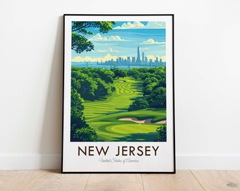 New Jersey, Golf Course, New York Skyline, USA, Vintage Style Travel Print, Wall Art, Home Decor, Wall Hanging, Art Lover, Gift Decor