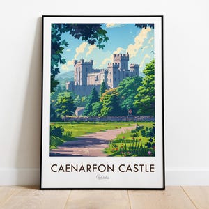 Castillo de Caenarfon, Gales, impresión de viaje de estilo vintage, arte de pared, decoración del hogar, tapiz, amante del arte, decoración de regalos
