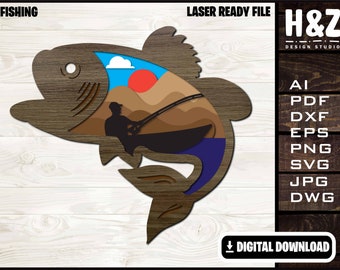 Fishing frame, Fishing laser cut frame, Fishing decor, Fish, SVG Ai DXF DWG, vector file, Digital Download only.