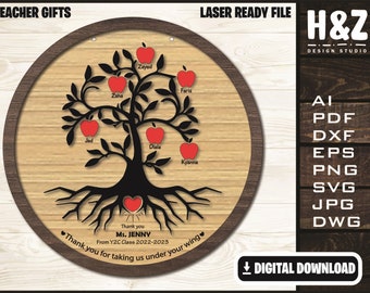 Teacher Apple Tree Digital File, Teachers Gift, Teachers Appreciation, SVG Ai DXF DWG,  Fully Customizable, Laser Cut  Digital Download only