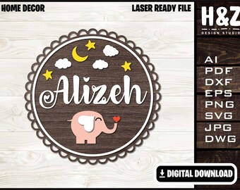 Cute Elephant Frame Digital File, Children Gift, Kids Frame,Wood sign, SVG Ai DXF DWG,  Fully Customizable, Laser Cut  Digital Download only